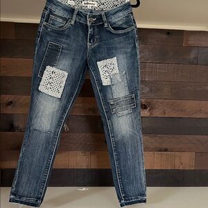 Dollhouse Blue Jeans with White Lace Patches